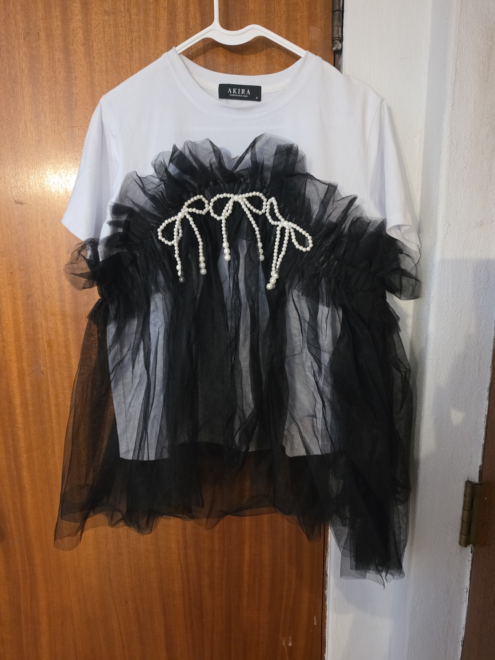 Akira Kids White Tee with Black Tulle & Pearl Bow Detail